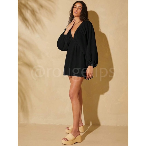 Black Boho Mini Dress Frill Batwing Bishop Sleeve Deep V Neck Flared - Picture 5 of 6